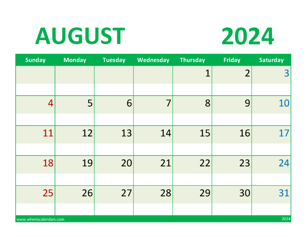 Download Free Printable August Calendar Letter Horizontal 84077