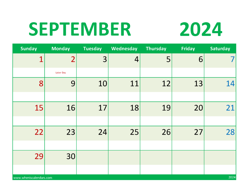 Download Free Printable September Calendar Letter Horizontal 94077