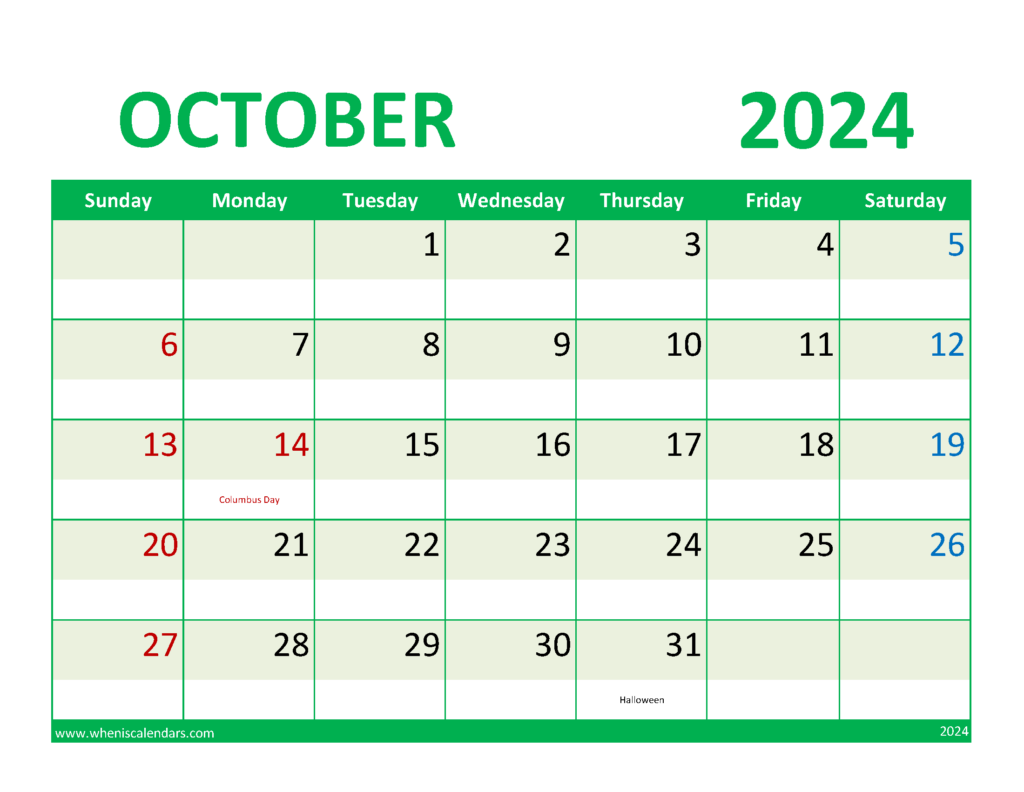 Download Free Printable October Calendar Letter Horizontal 104077