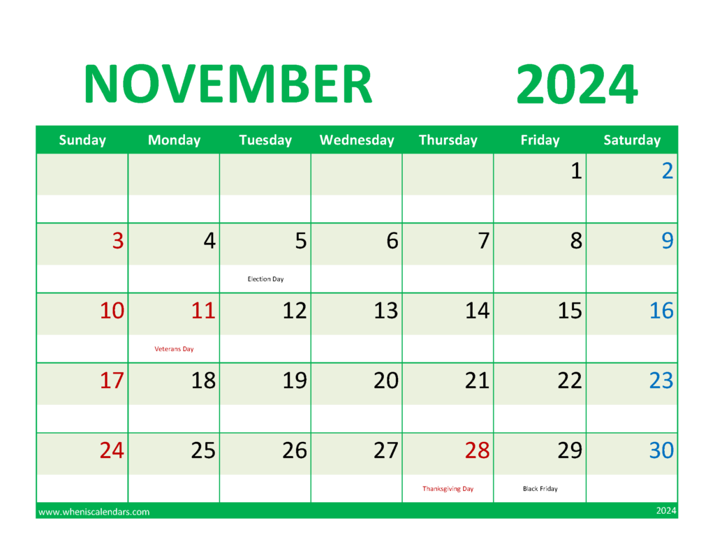 Download Free Printable November Calendar Letter Horizontal 114077