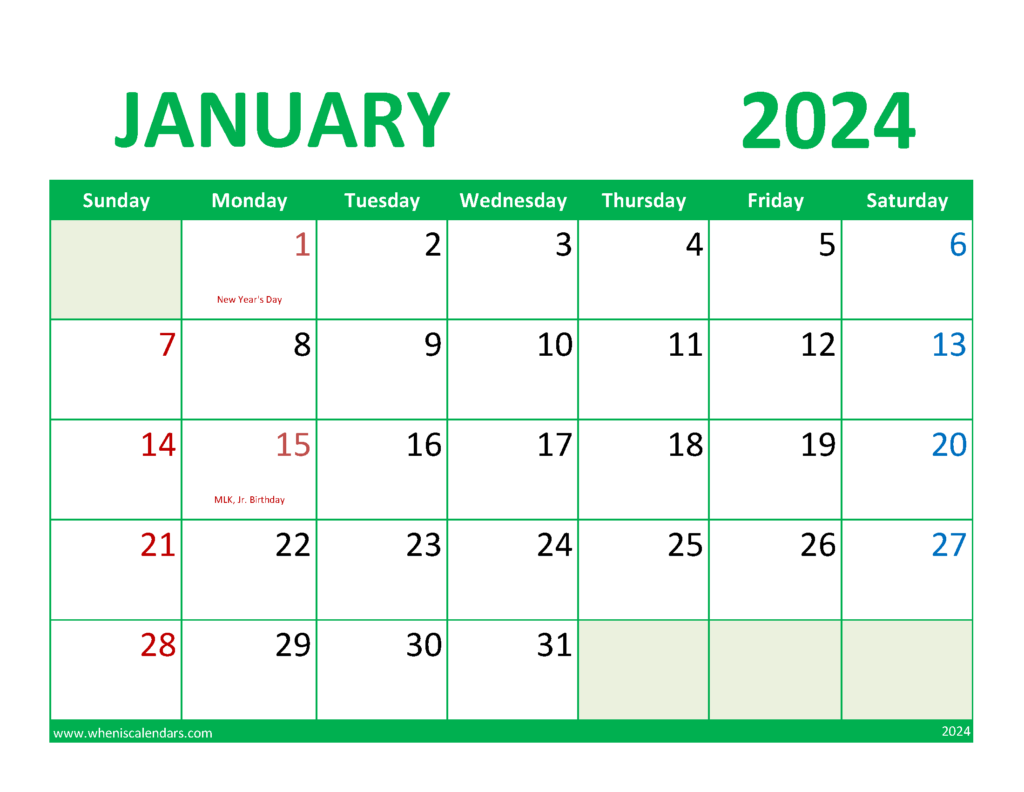 Download Blank Calendar Jan 2024 Letter Horizontal J4078