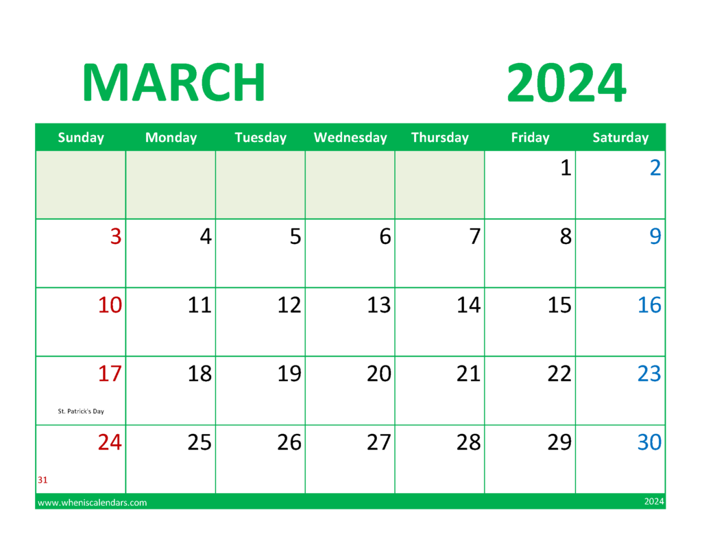 Download Blank Calendar Mar 2024 Letter Horizontal 34078