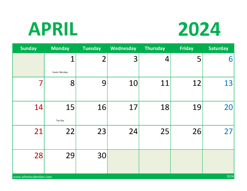 Download Blank Calendar Apr 2024 Letter Horizontal 44078