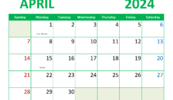 month of April Printable Calendar 2024 A4358