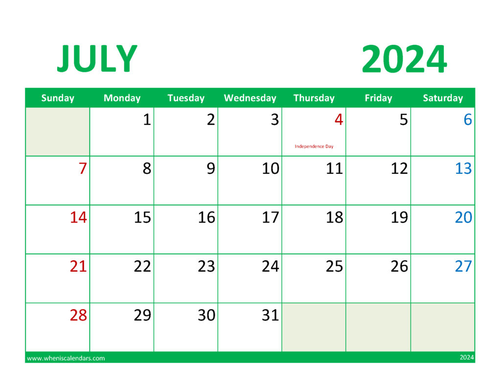 Download Blank Calendar Jul 2024 Letter Horizontal 74078