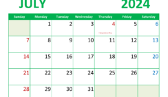 month of July Printable Calendar 2024 J7358