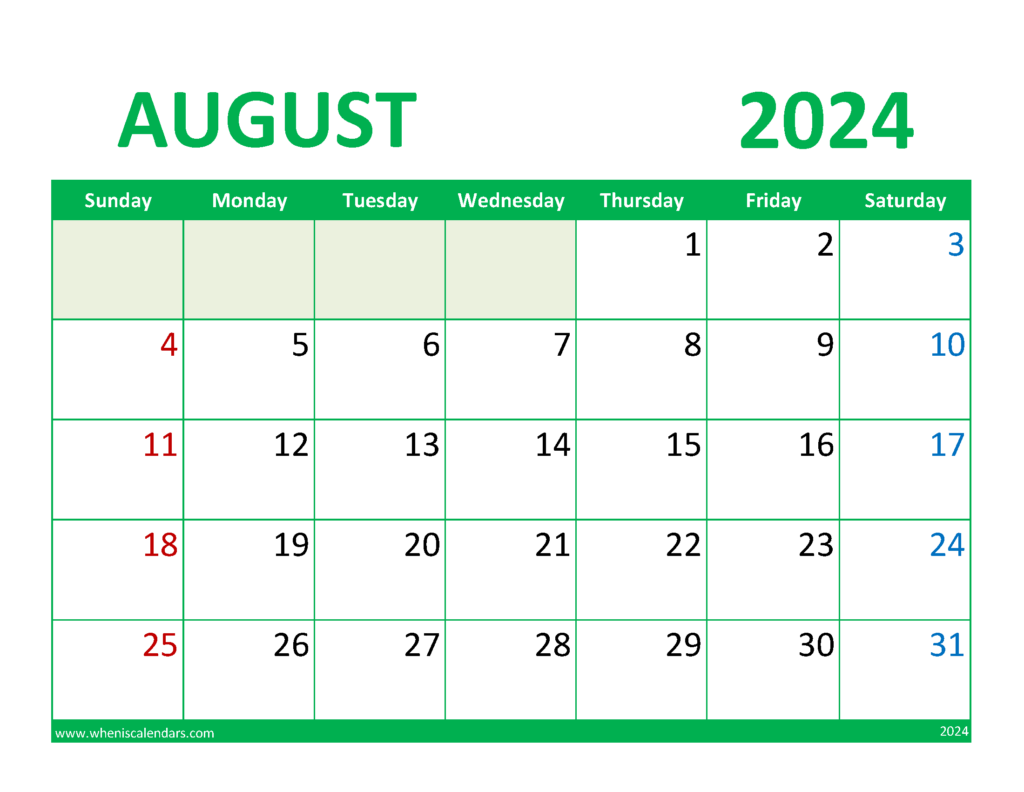 Download Blank Calendar Aug 2024 Letter Horizontal 84078