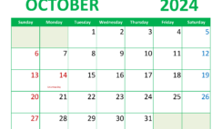 month of October Printable Calendar 2024 O1358
