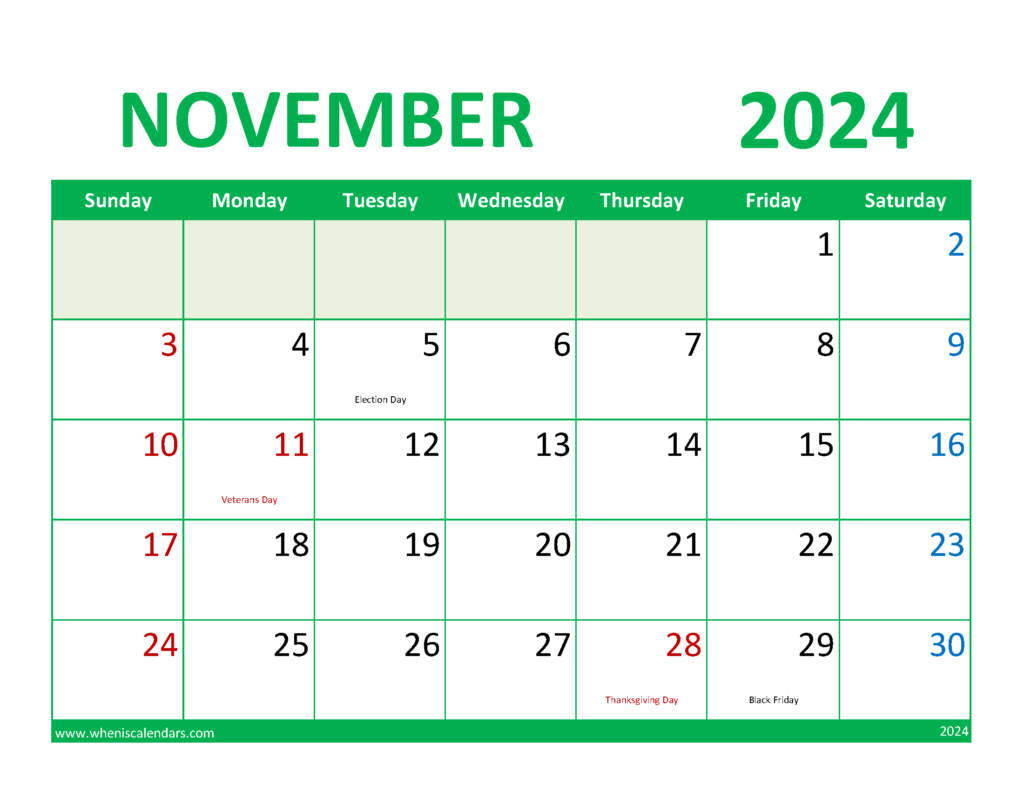 Download Blank Calendar Nov 2024 Letter Horizontal 114078
