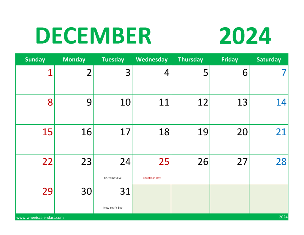 Download Blank Calendar Dec 2024 Letter Horizontal 124078