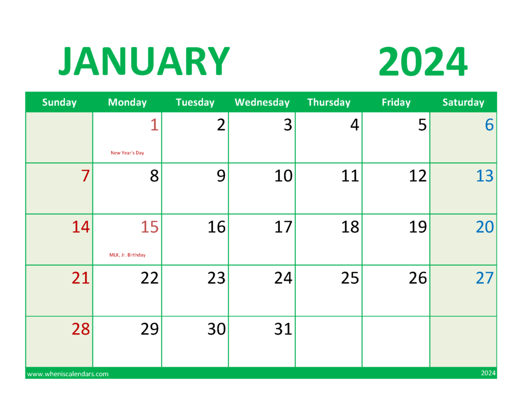 Download January 2024 excel Calendar Letter Horizontal J4079