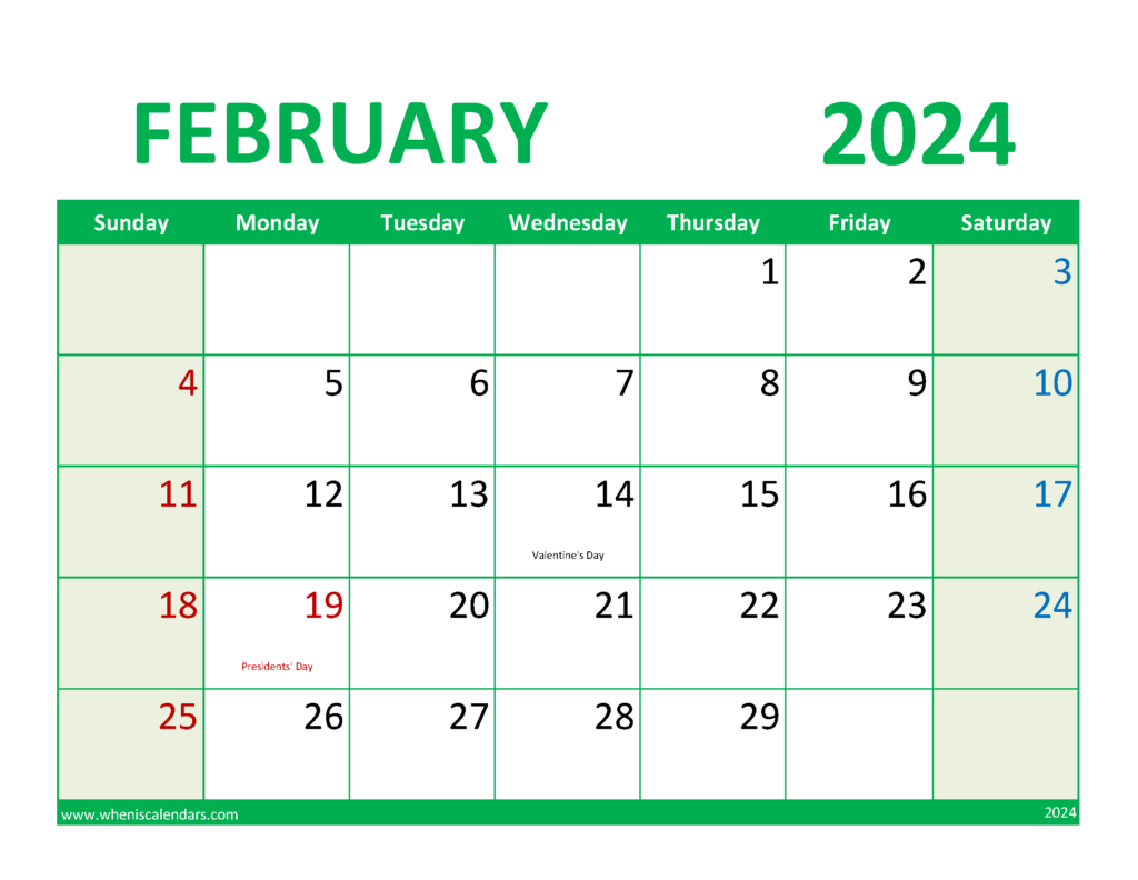 Download February 2024 excel Calendar Letter Horizontal 24079