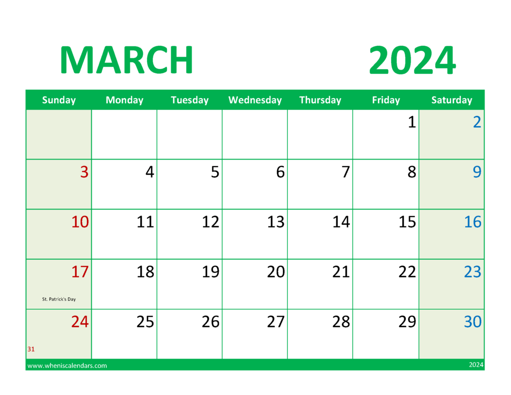 Download March 2024 excel Calendar Letter Horizontal 34079