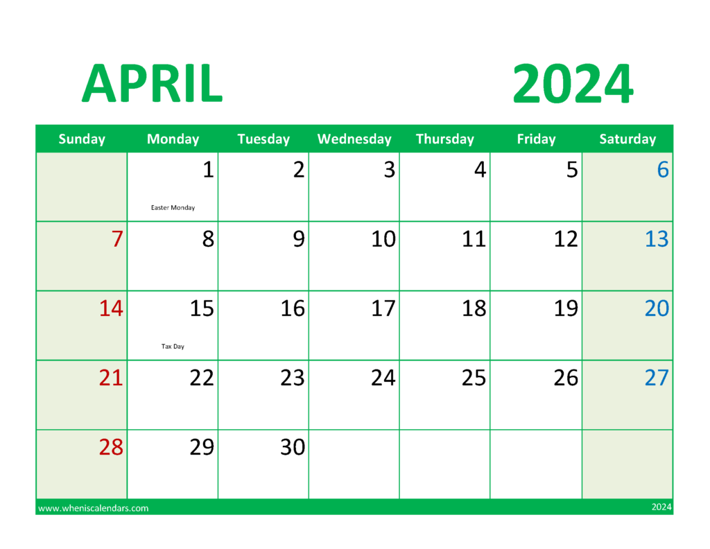 Download April 2024 excel Calendar Letter Horizontal 44079