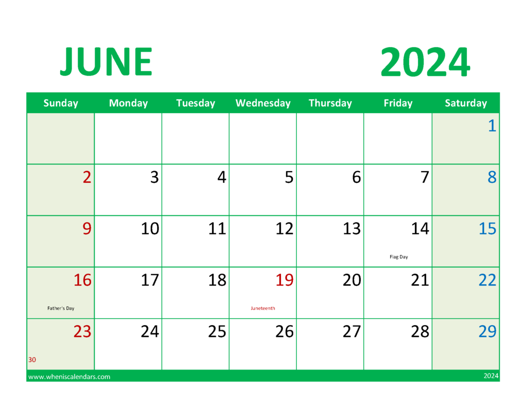 Download June 2024 excel Calendar Letter Horizontal 64079