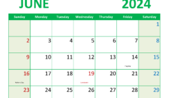June 2024 Calendar Printable with notes J6359