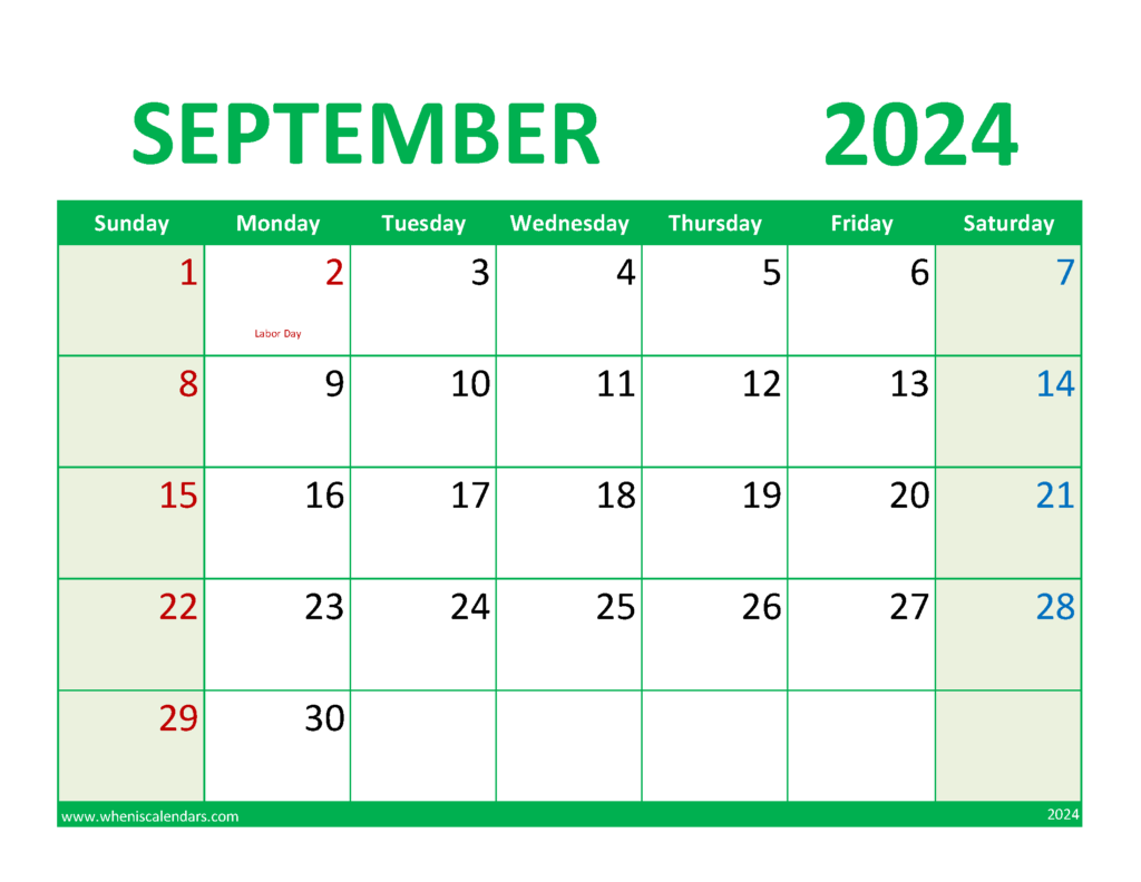 Download September 2024 excel Calendar Letter Horizontal 94079