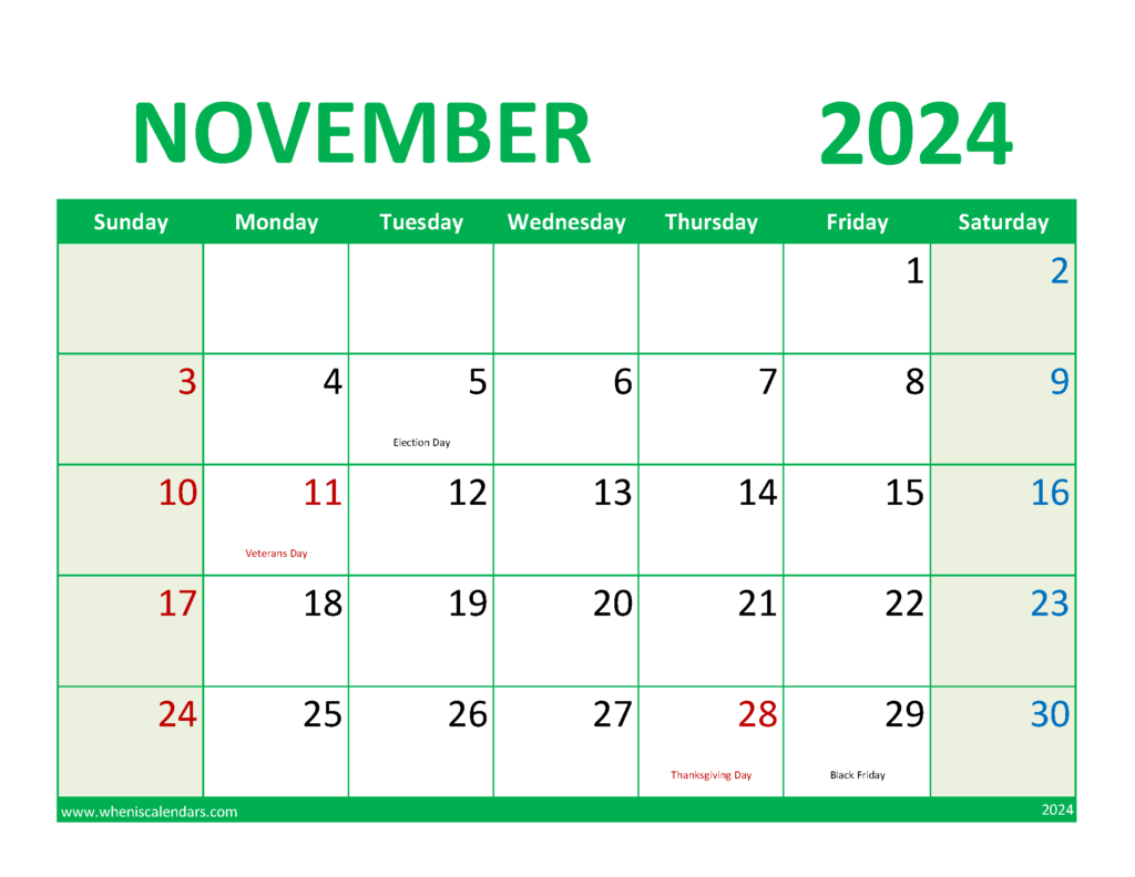 Download November 2024 excel Calendar Letter Horizontal 114079