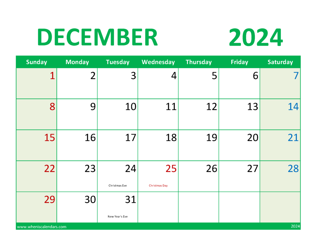 Download December 2024 excel Calendar Letter Horizontal 124079
