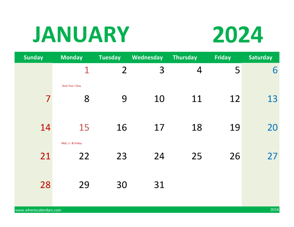 Download January Calendar with Holidays 2024 Letter Horizontal J4080