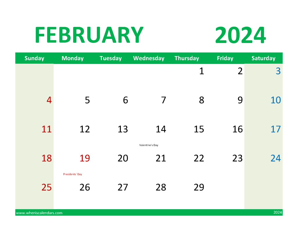 Download February Calendar with Holidays 2024 Letter Horizontal 24080
