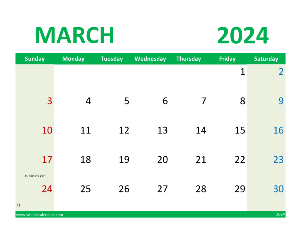 Download March Calendar with Holidays 2024 Letter Horizontal 34080