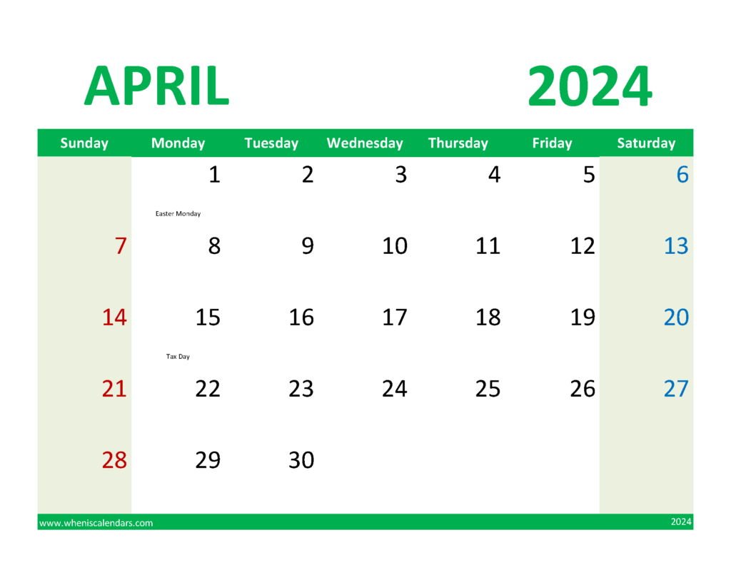 Download April Calendar with Holidays 2024 Letter Horizontal 44080