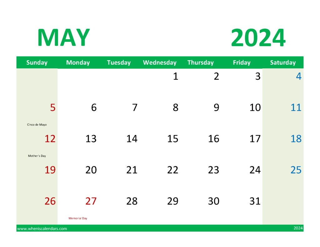 Download May Calendar with Holidays 2024 Letter Horizontal 54080
