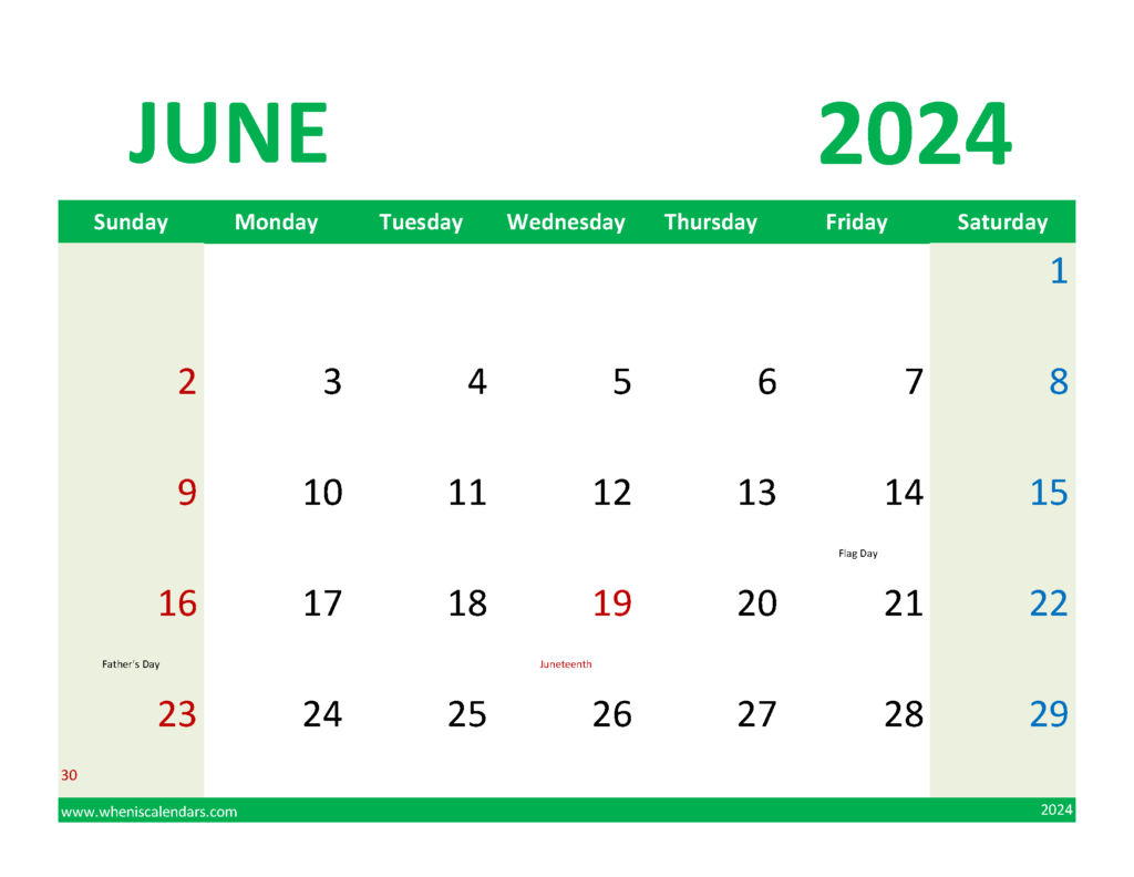 Download June Calendar with Holidays 2024 Letter Horizontal 64080
