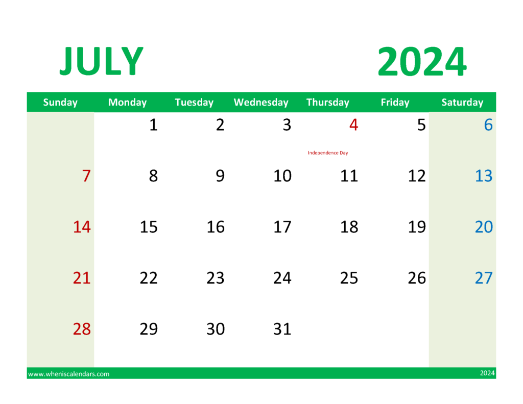 Download July Calendar with Holidays 2024 Letter Horizontal 74080