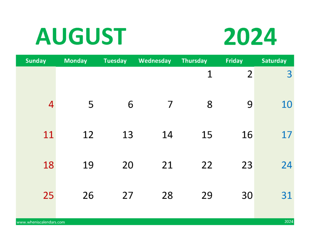 Download August Calendar with Holidays 2024 Letter Horizontal 84080
