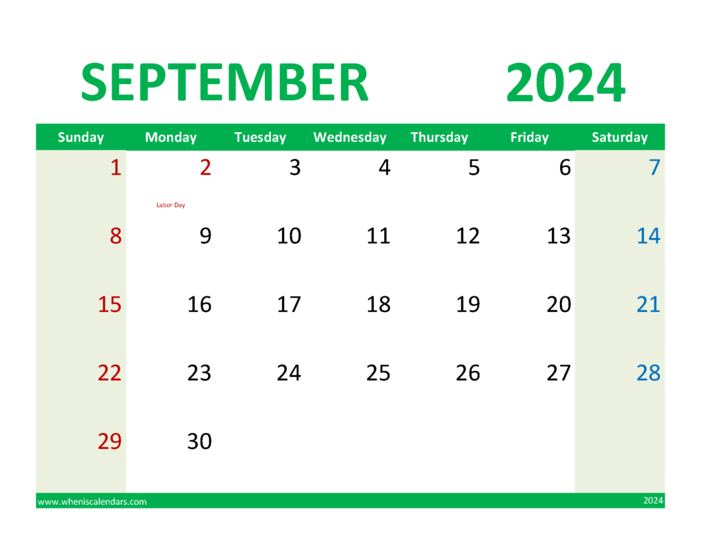 Download September Calendar with Holidays 2024 Letter Horizontal 94080