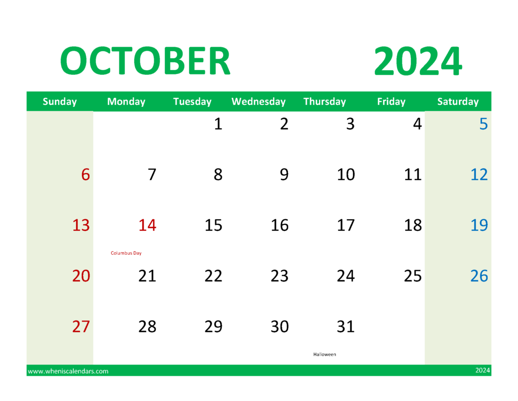 Download October Calendar with Holidays 2024 Letter Horizontal 104080