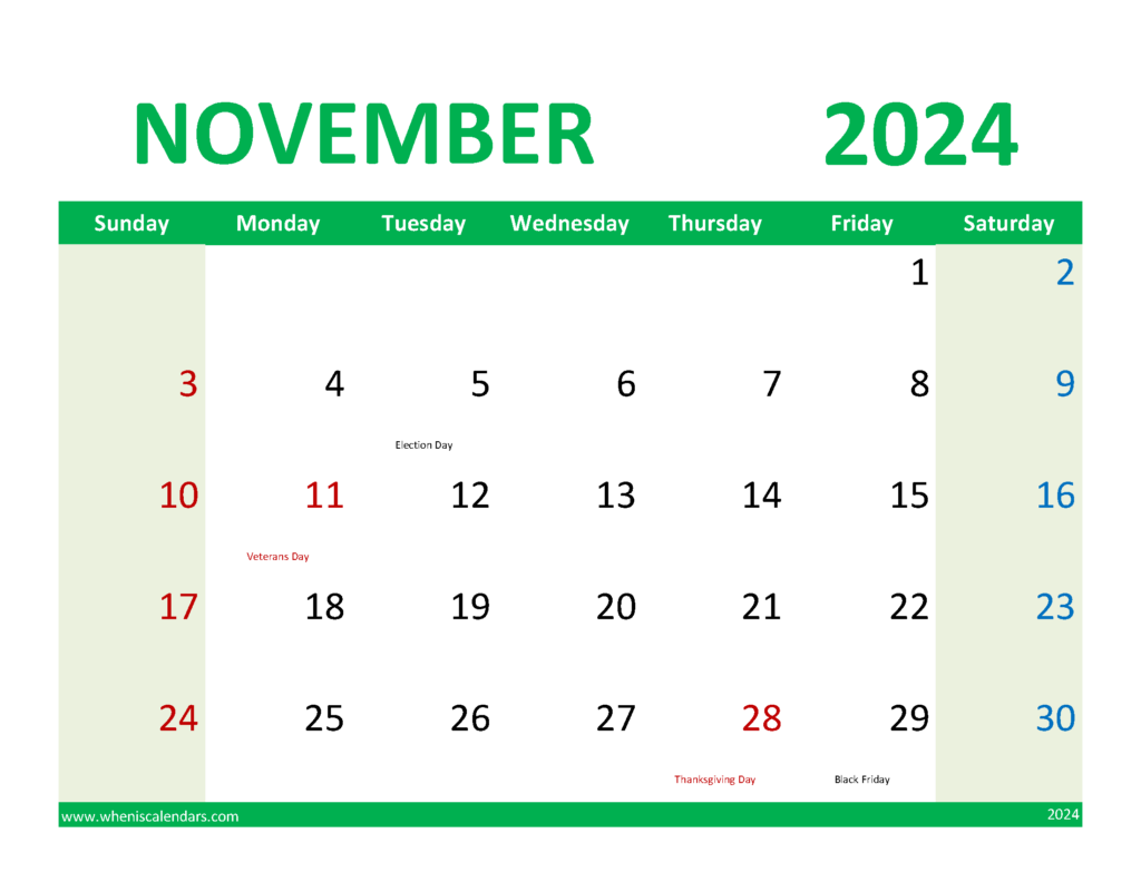 Download November Calendar with Holidays 2024 Letter Horizontal 114080