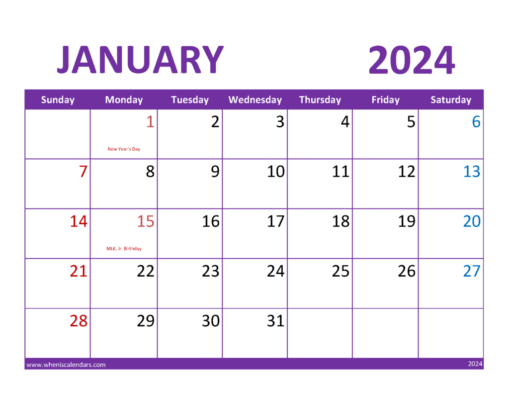 Download January Calendar 2024 Printable Free Letter Horizontal J4081