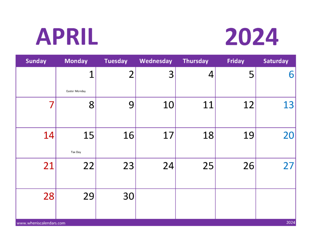 Download April Calendar 2024 Printable Free Letter Horizontal 44081
