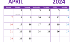 April 2024 Monthly Calendar Free Printable A4361