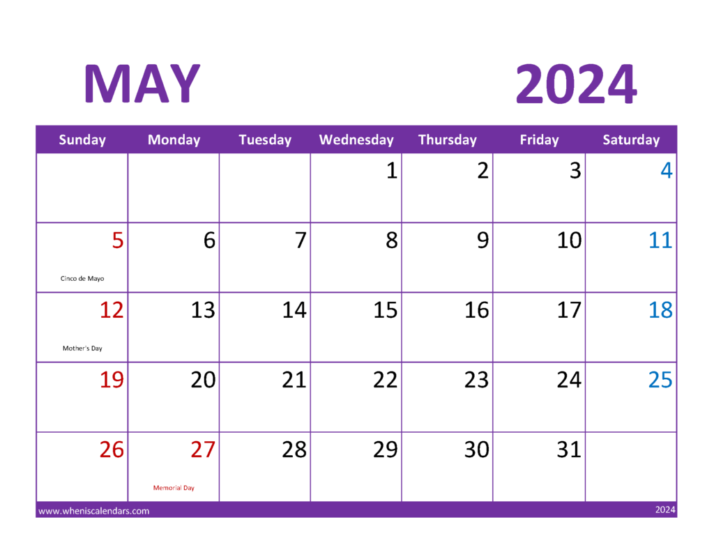 Download May Calendar 2024 Printable Free Letter Horizontal 54081