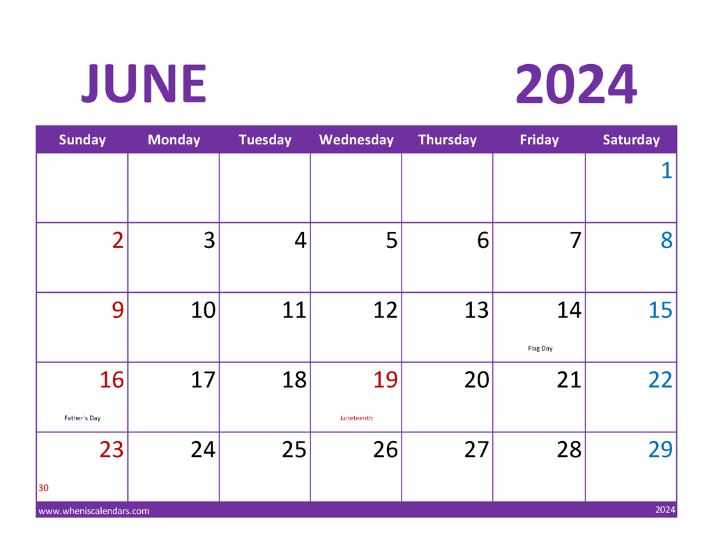 Download June Calendar 2024 Printable Free Letter Horizontal 64081