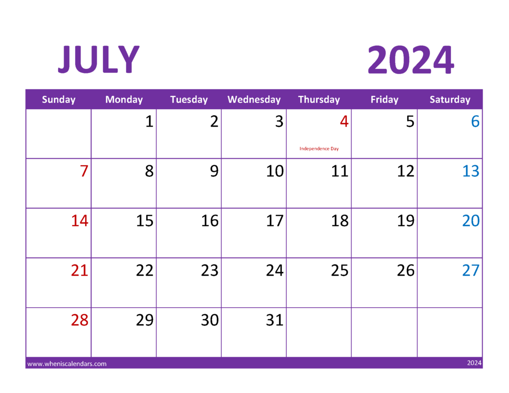 Download July Calendar 2024 Printable Free Letter Horizontal 74081