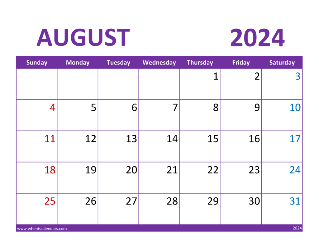 Download August Calendar 2024 Printable Free Letter Horizontal 84081