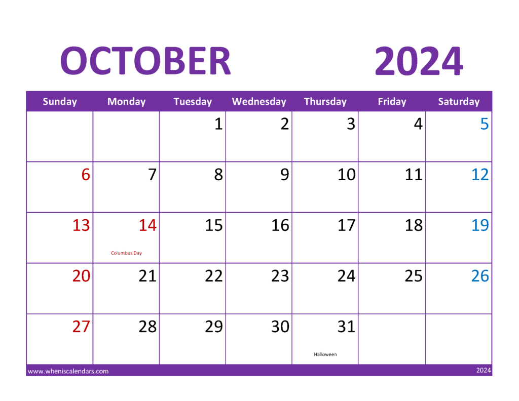 Download October Calendar 2024 Printable Free Letter Horizontal 104081