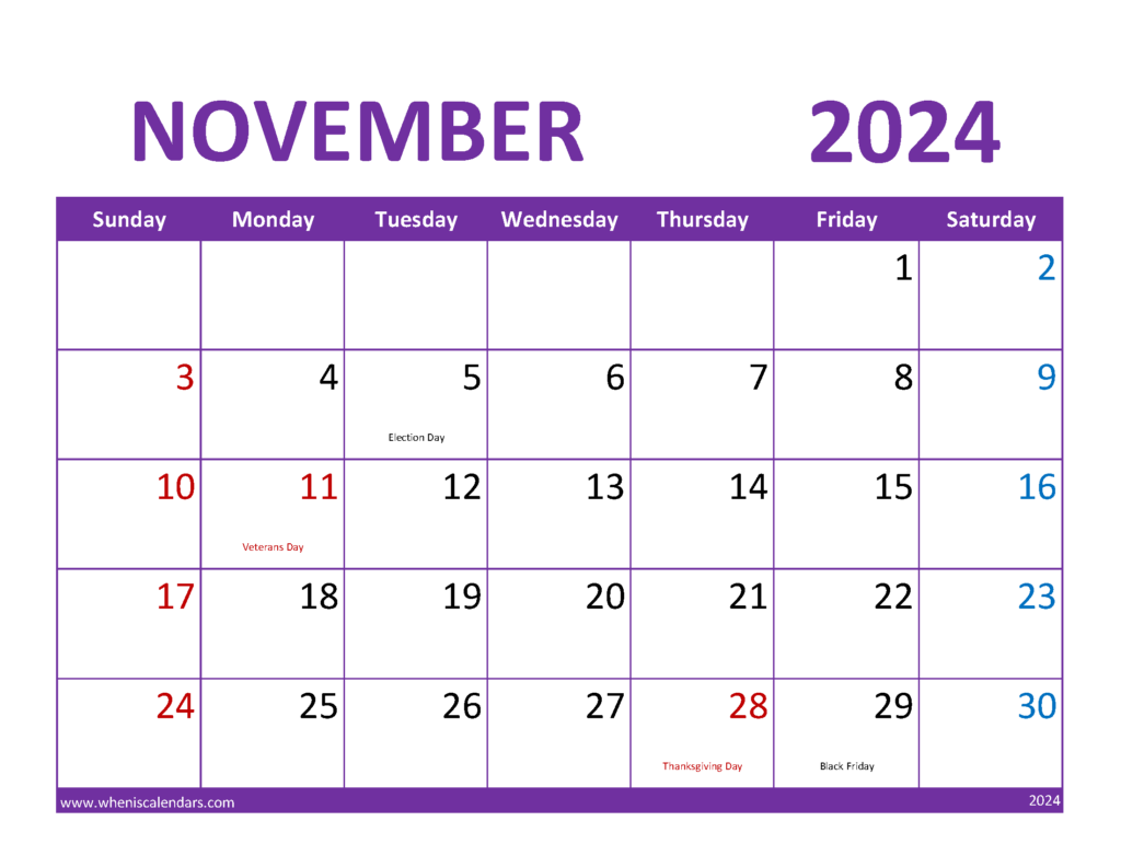 Download November Calendar 2024 Printable Free Letter Horizontal 114081