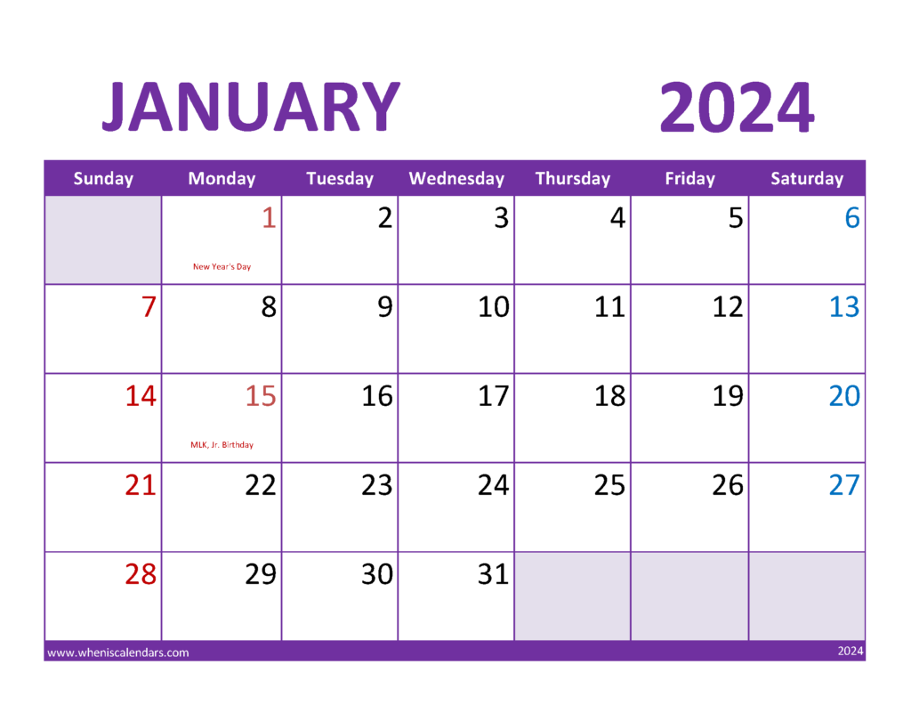 Download January 2024 Calendar Holidays list Letter Horizontal J4083