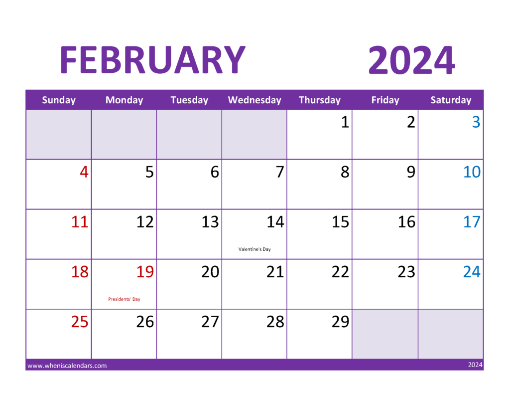 Download February 2024 Calendar Holidays list Letter Horizontal 24083