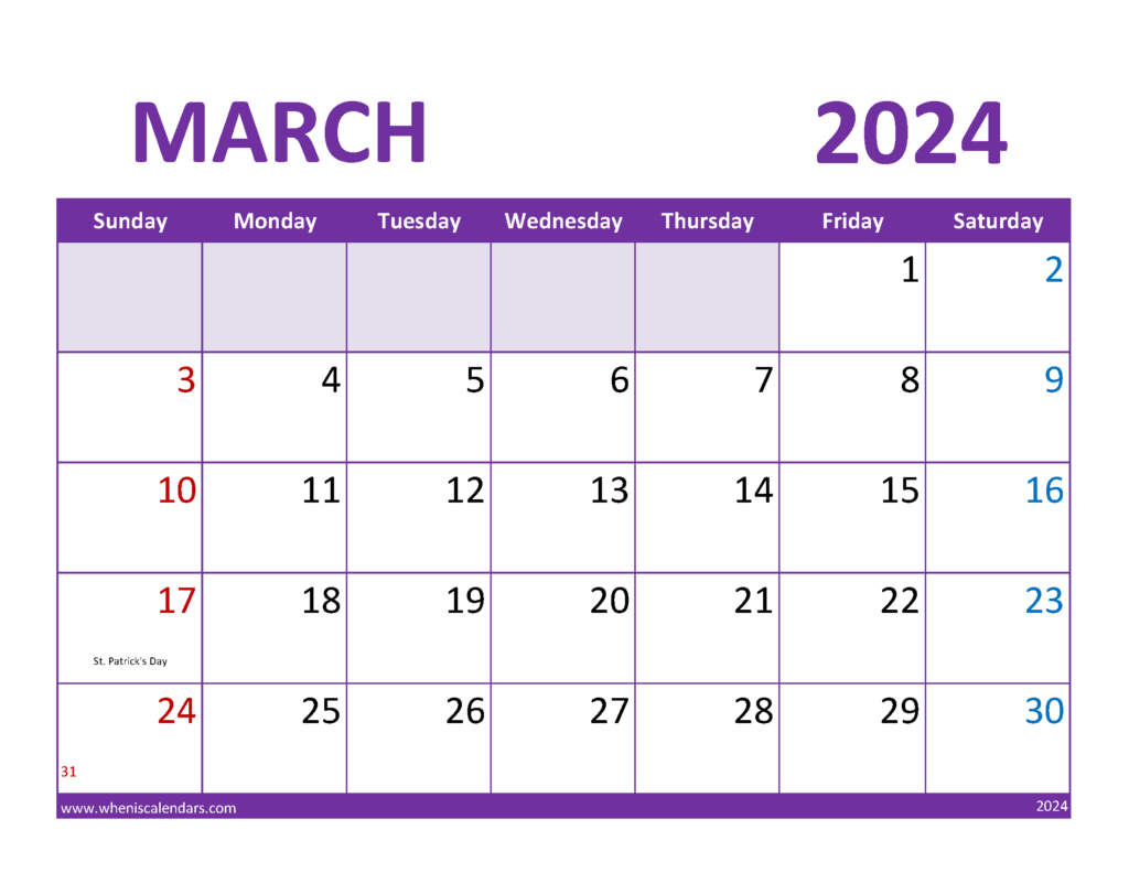 Download March 2024 Calendar Holidays list Letter Horizontal 34083