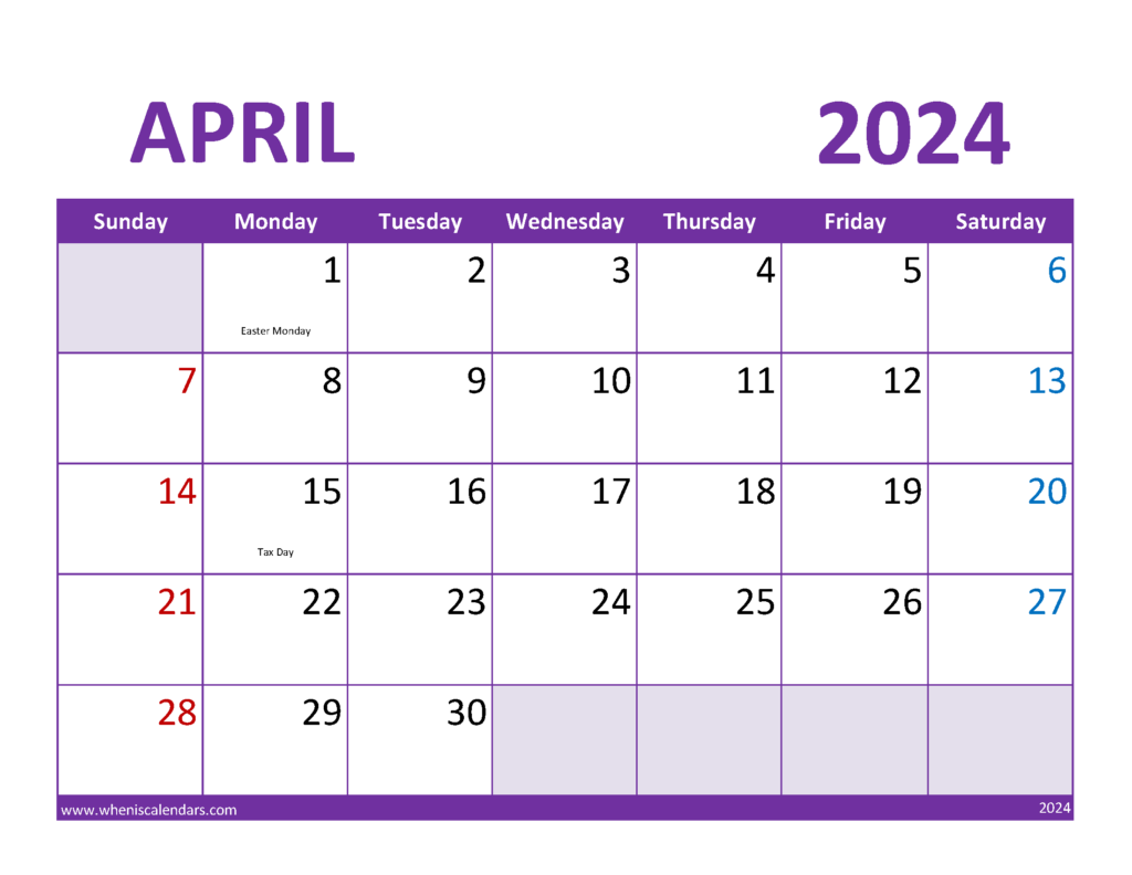 Download April 2024 Calendar Holidays list Letter Horizontal 44083