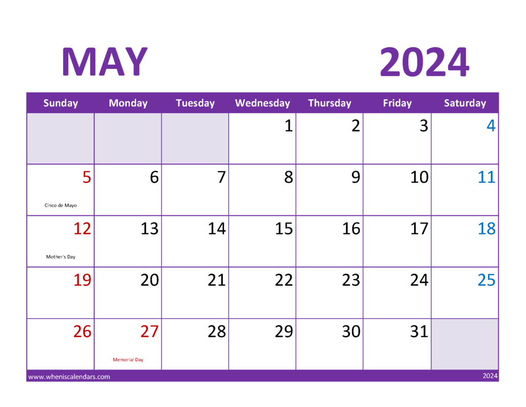 Download May 2024 Calendar Holidays list Letter Horizontal 54083