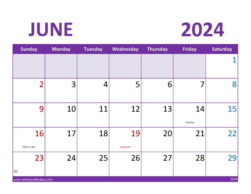 Download June 2024 Calendar Holidays list Letter Horizontal 64083