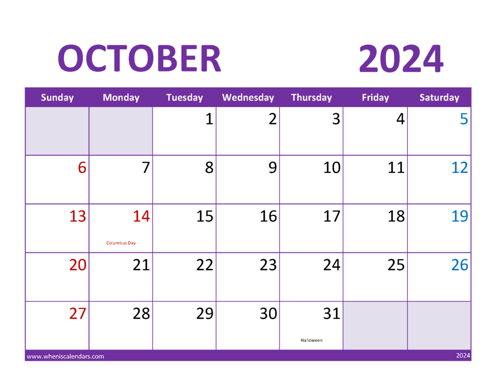 Download October 2024 Calendar Holidays list Letter Horizontal 104083